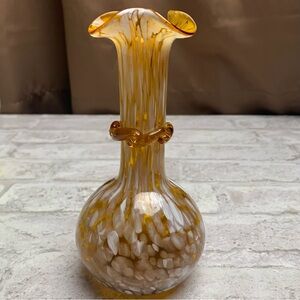 Vintage Hand Blown Art Glass Splatter Bud Vase  4.5" Yellow White EUC